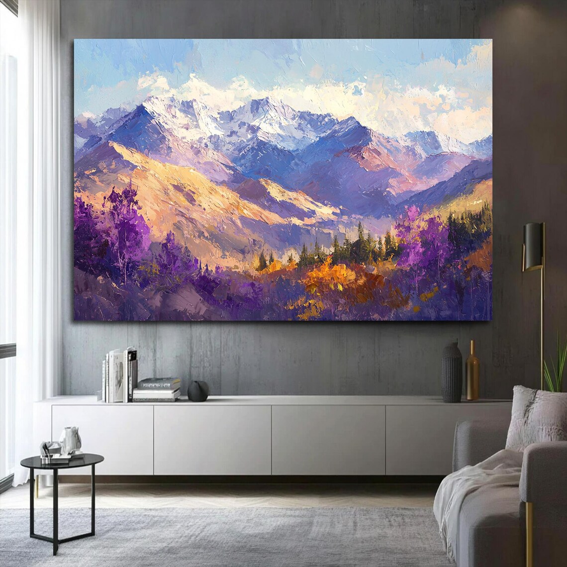 Snowy Mountain Peaks Golden Hills Purple Wildflowers Morning Light Poster - Image 2