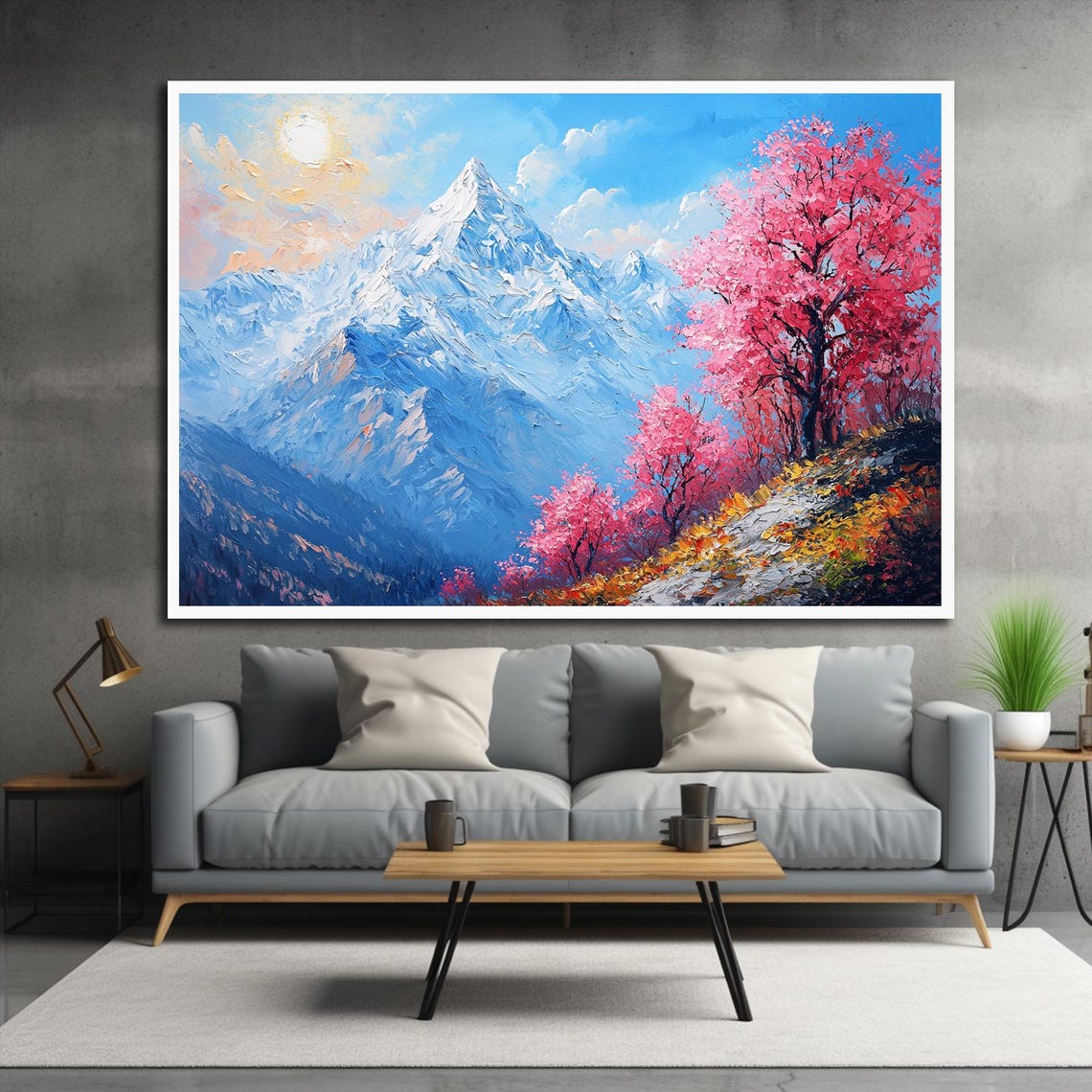 Snowy Mountain Peak Pink Flowering Trees Alpine Spring Poster - Image 2