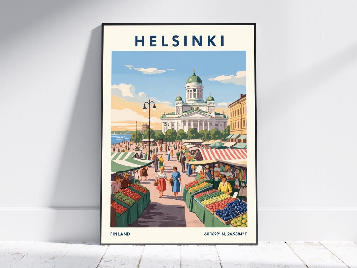 Helsinki Finland Vintage Market Square Cathedral Bustling Poster