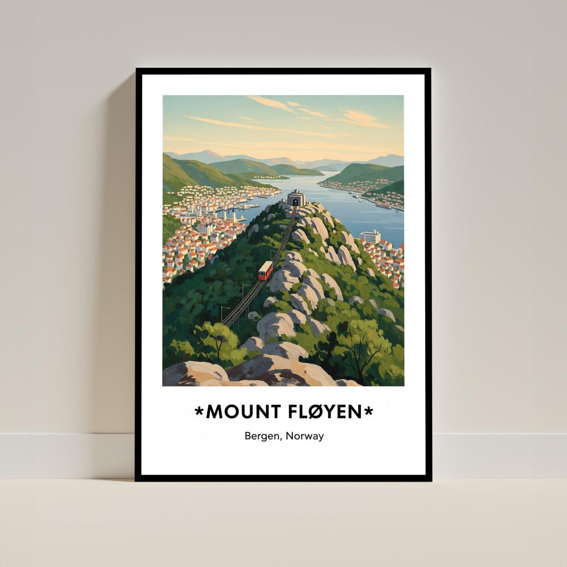 Mount Floyen Bergen Norway Funicular Harbour Vintage Travel Poster