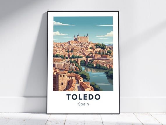 Toledo Cityscape Art Print Warm Beige Terracotta Blue Poster Vintage Spanish Travel Living Room And Office Decor