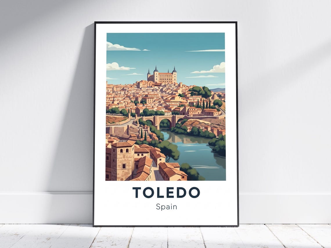 Toledo Spain Old Town River Bridge Alcazar Vintage Travel Poster