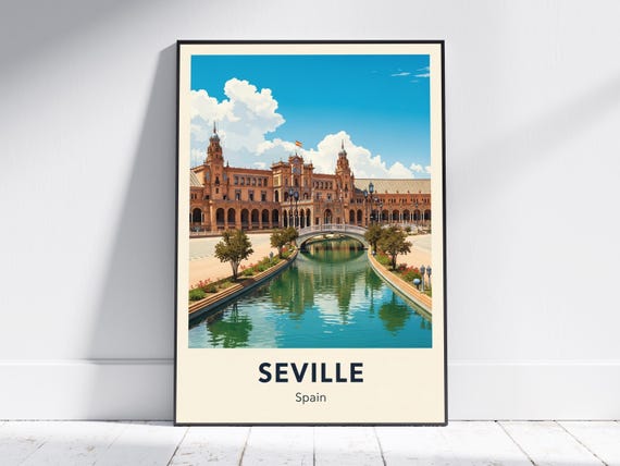 Seville Cityscape Print Blue Beige Wall Art Vintage Travel Poster With Green And Red Accents Spanish Architecture Decor For Livin