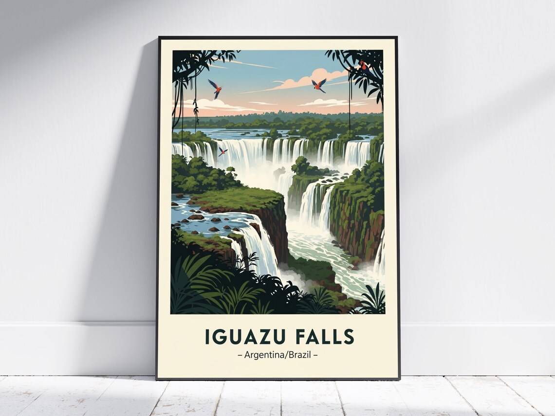 Iguazu Falls Argentina Brazil Retro Travel Poster Parrots Waterfalls