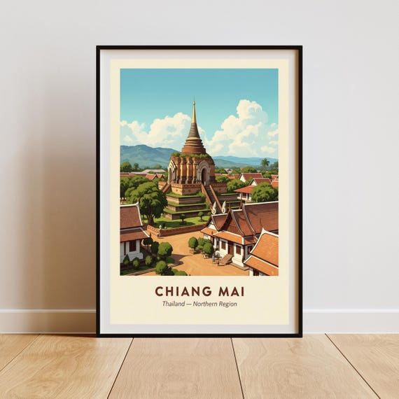 Chiang Ms Old City Print Sky Blue And Green Vintage Travel Art Asian Decor For Living Room Illustrative Temple Poster