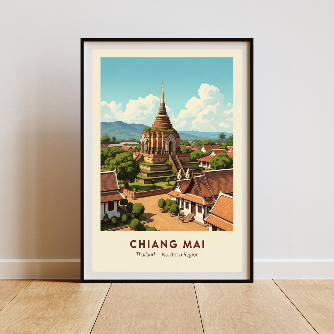 Chiang Mai Thailand Temple Chedi Vintage Northern Travel Poster Art
