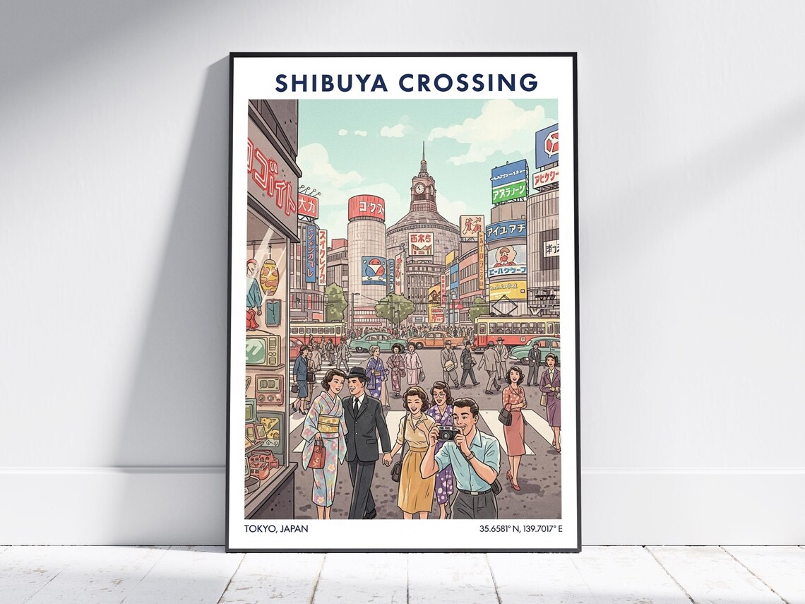 Shibuya Crossing Tokyo Japan Vintage Street Scene Illustration Poster