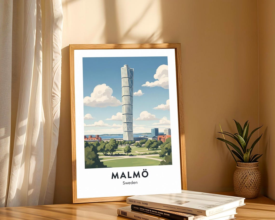 Malm Turning Torso Art Print Blue And White Green Red Modern Cityscape Swedish Architecture Decor Living Room Office
