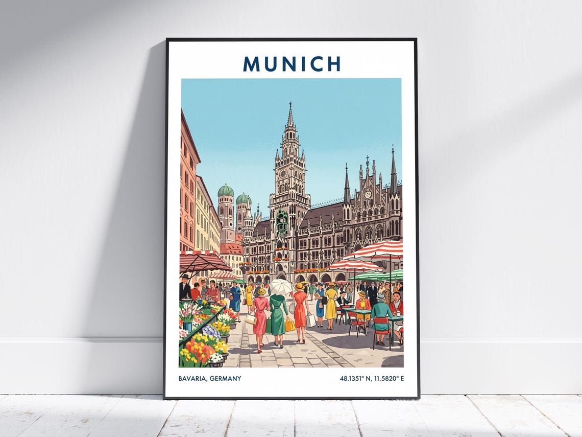 Munich Bavaria Germany Marienplatz Town Hall Retro Travel Poster