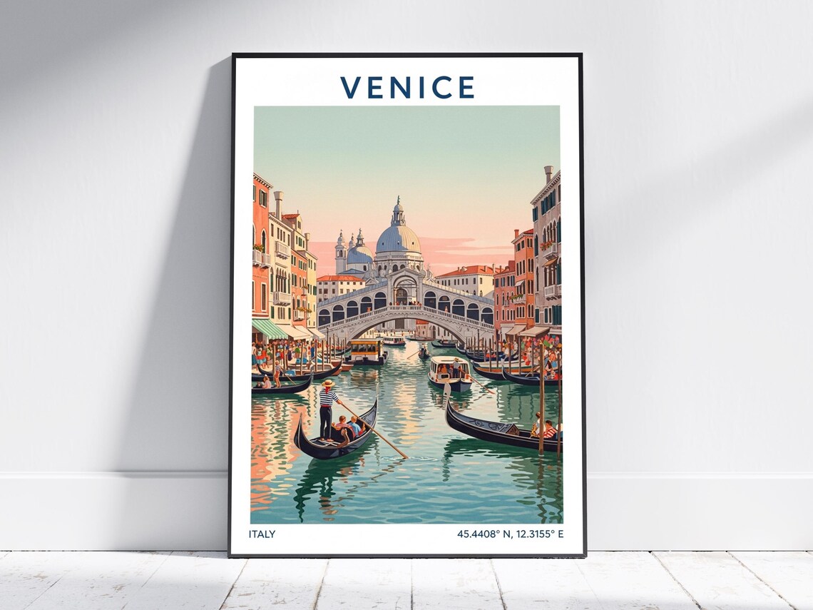 Venice Travel Poster Italy Rialto Bridge Gondolas Grand Canal Scene
