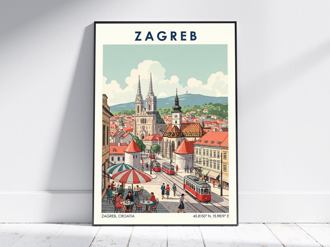 Zagreb Travel Poster Croatia Cathedral Red Trams Street Cafe Scene