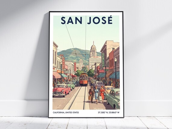 San Jose Vintage Streetcar Downtown Retro California Travel Poster
