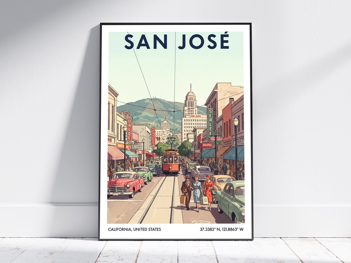 San Jose Vintage Streetcar Downtown Retro California Travel Poster