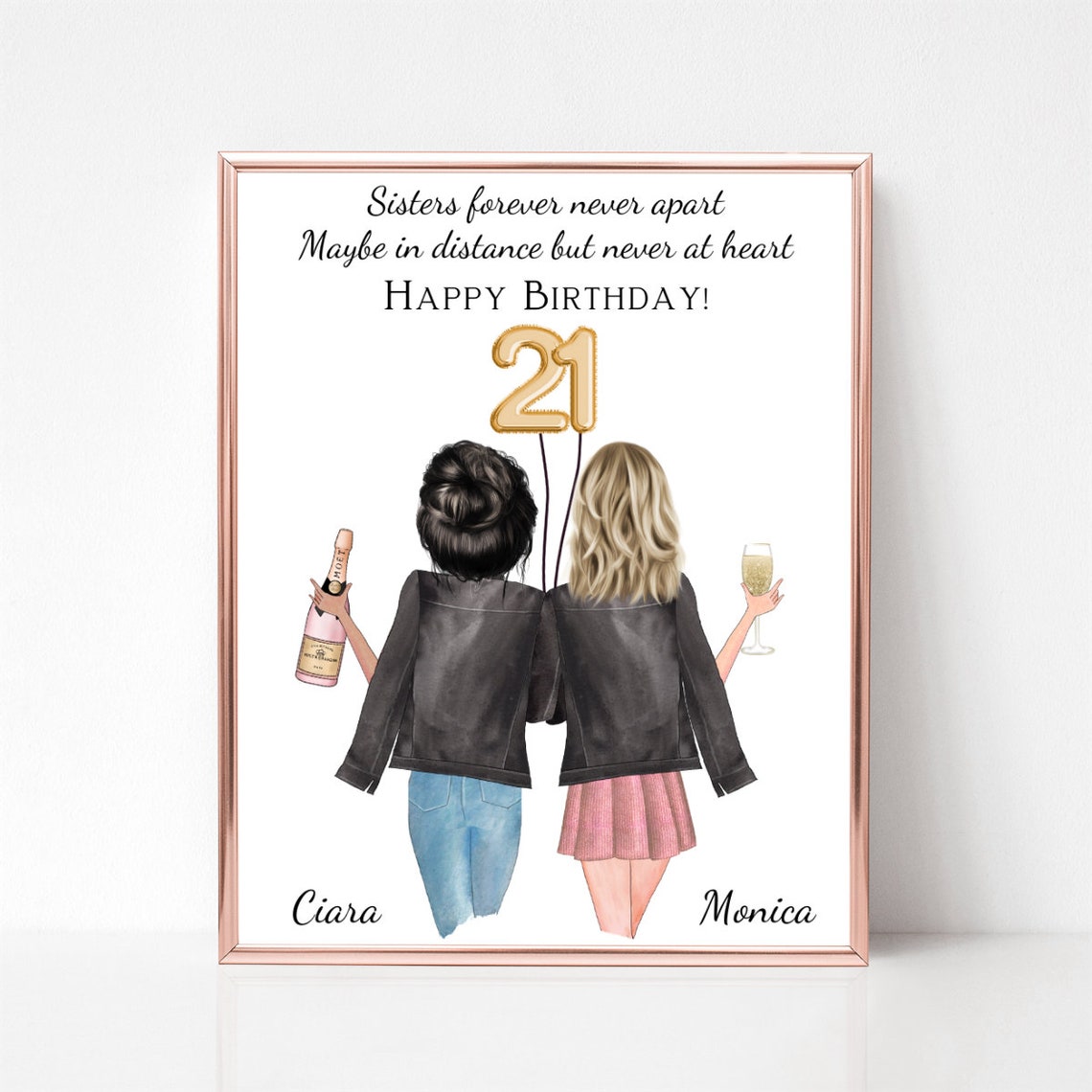 Sisters 21st Birthday Gold Balloon Champagne Celebration Poster