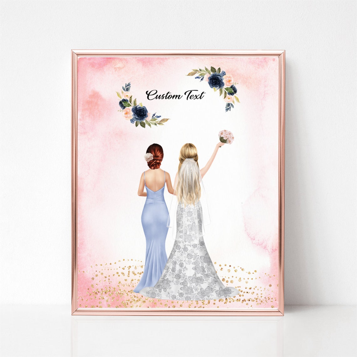 Bride and Bridesmaid Pink Floral Custom Text Portrait Poster
