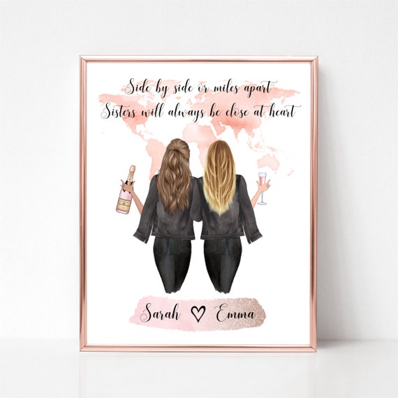 Sisters Side by Side Miles Apart World Map Wine Portrait Poster