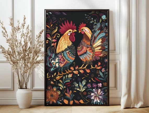 Dark Maximalist Art Print Moody Vintage Decor Large Floral Bird Poster Bold Colorful Wall Art For Home Office