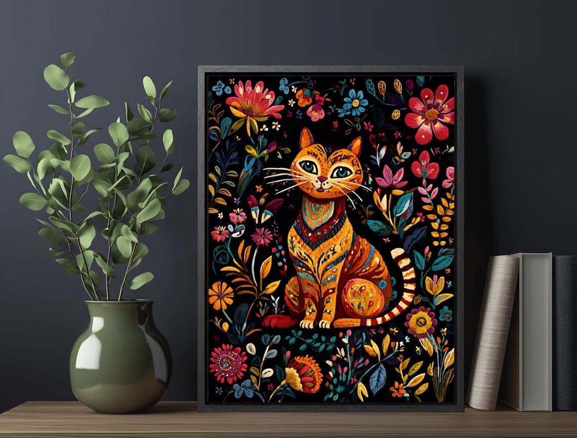 Orange Tabby Cat Folk Art Colorful Floral Dark Background Print - Image 6