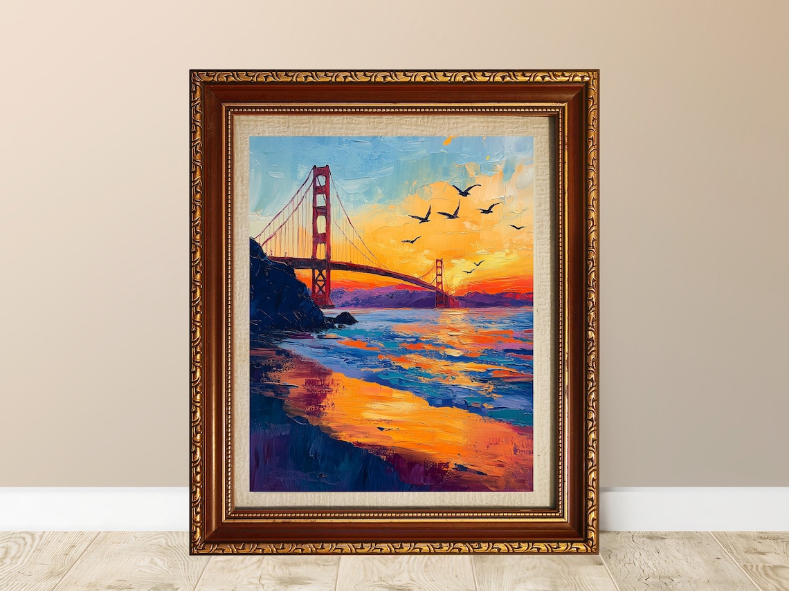 Golden Gate Bridge Sunset Painting San Francisco Bay Impasto Art Poster - Image 3