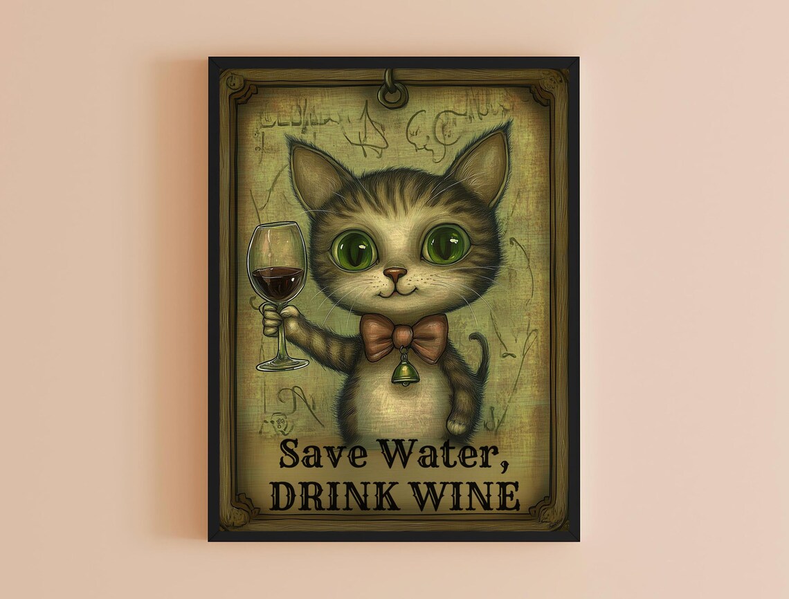 Save Water Drink Wine Funny Big Eyed Kitten Holding Wine Glass Wall Art