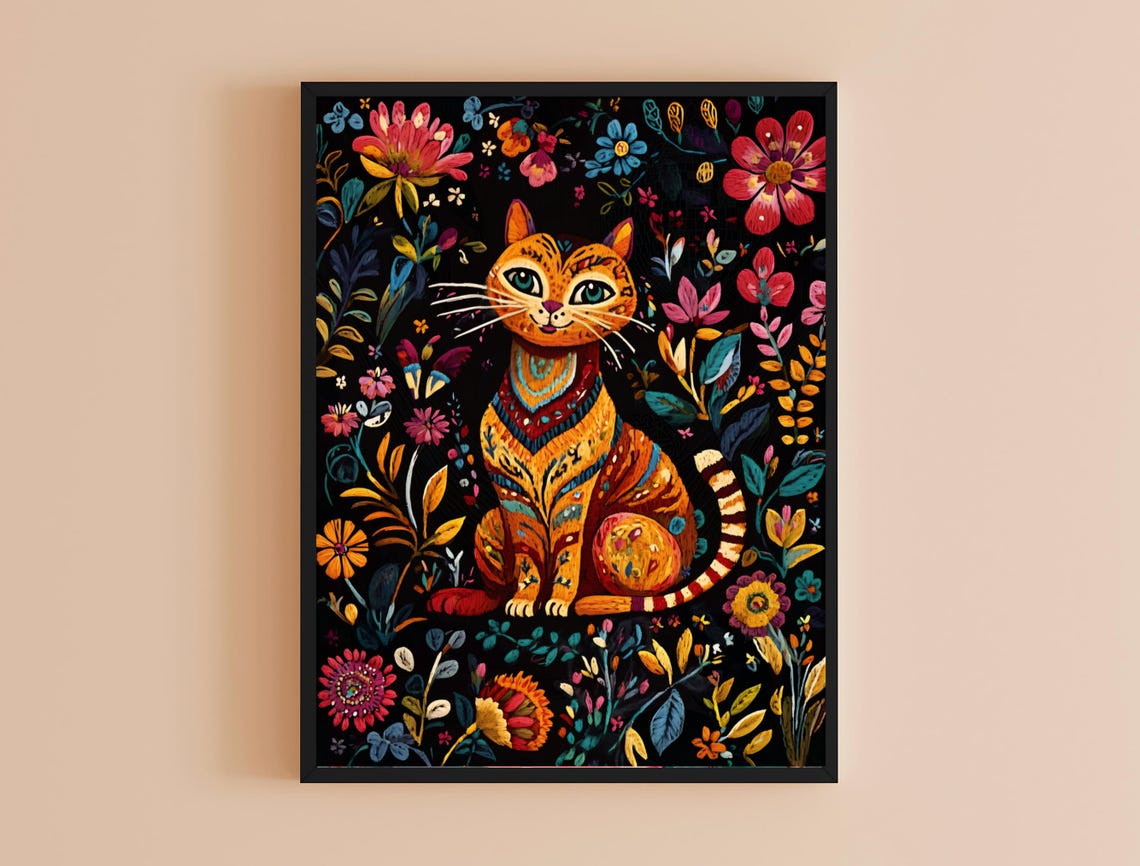 Wide Eyed Orange Tabby Cat Colorful Floral Black Background Print - Image 4