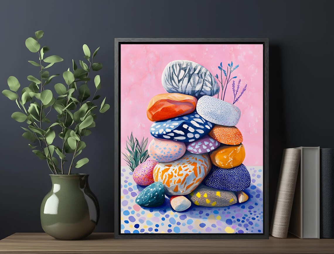 Balanced Painted Rock Cairn Colorful Stones Playful Pink Sky Print - Image 6