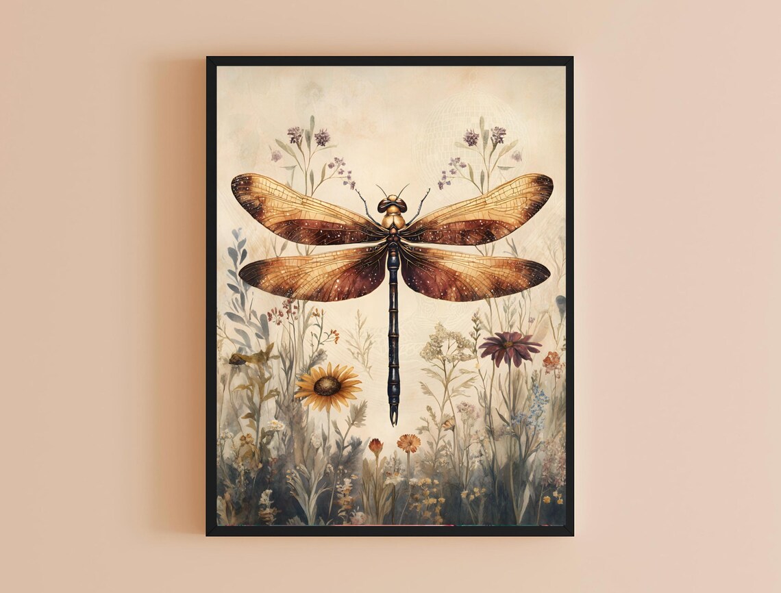 Amber Dragonfly Sunflower Meadow Vintage Nature Wall Art Print - Image 4