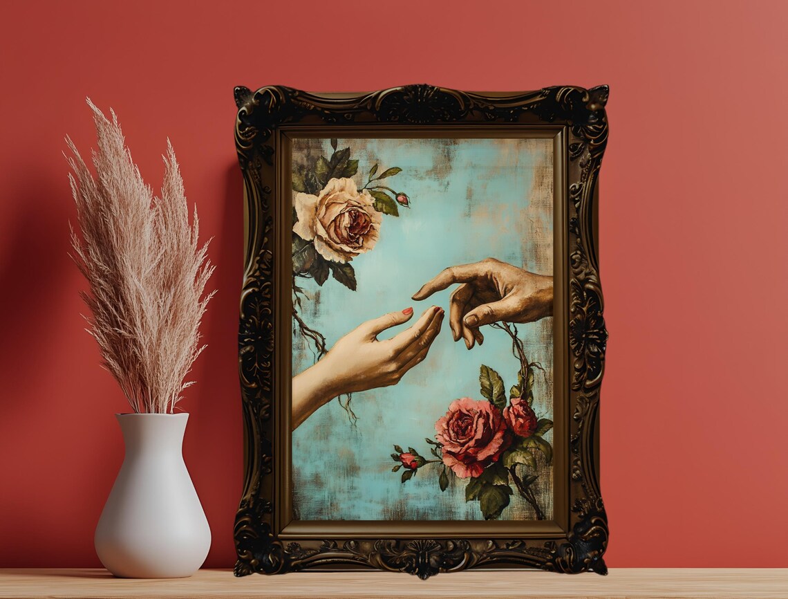 Reaching Hands Roses Vintage Oil Painting Romantic Floral Art Poster - Image 6
