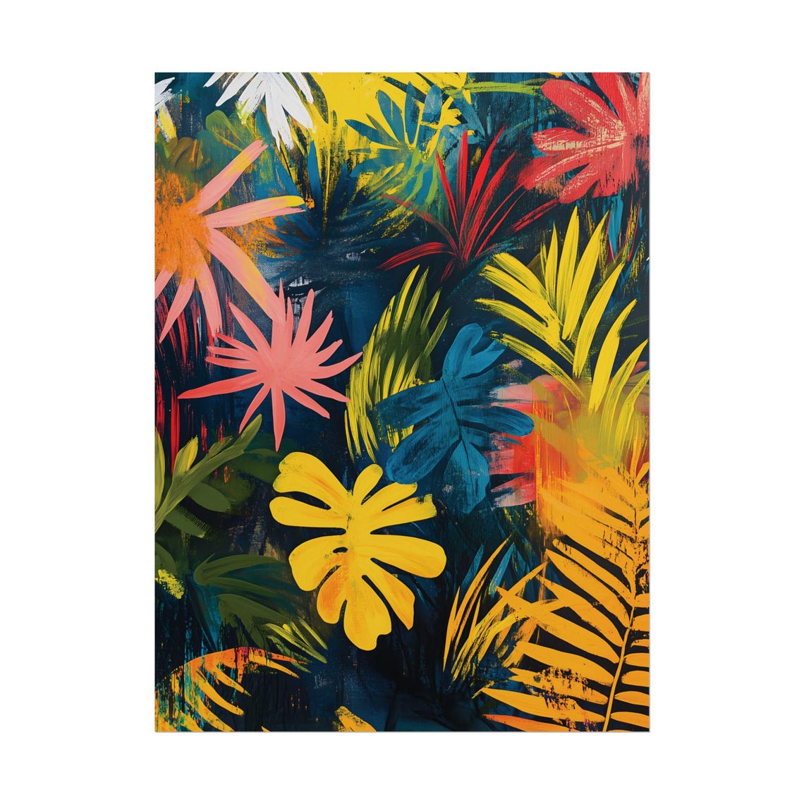 Neon Tropical Leaves Abstract Dark Navy Colorful Botanical Art Poster - Image 2