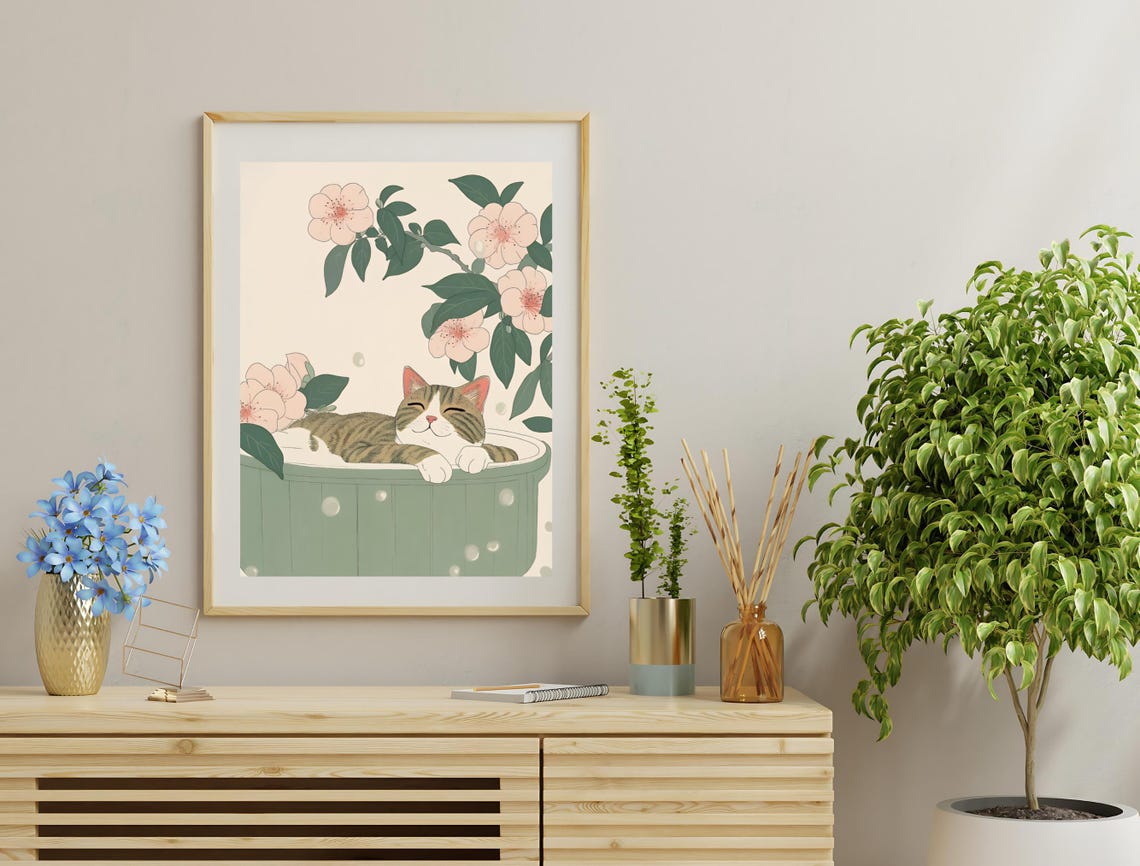 Cat Poster Japandi Art Minimalist Tabby Cat Print Japanese Bathroom Wall Decor Gift Cute Cat Wall Art - Image 3
