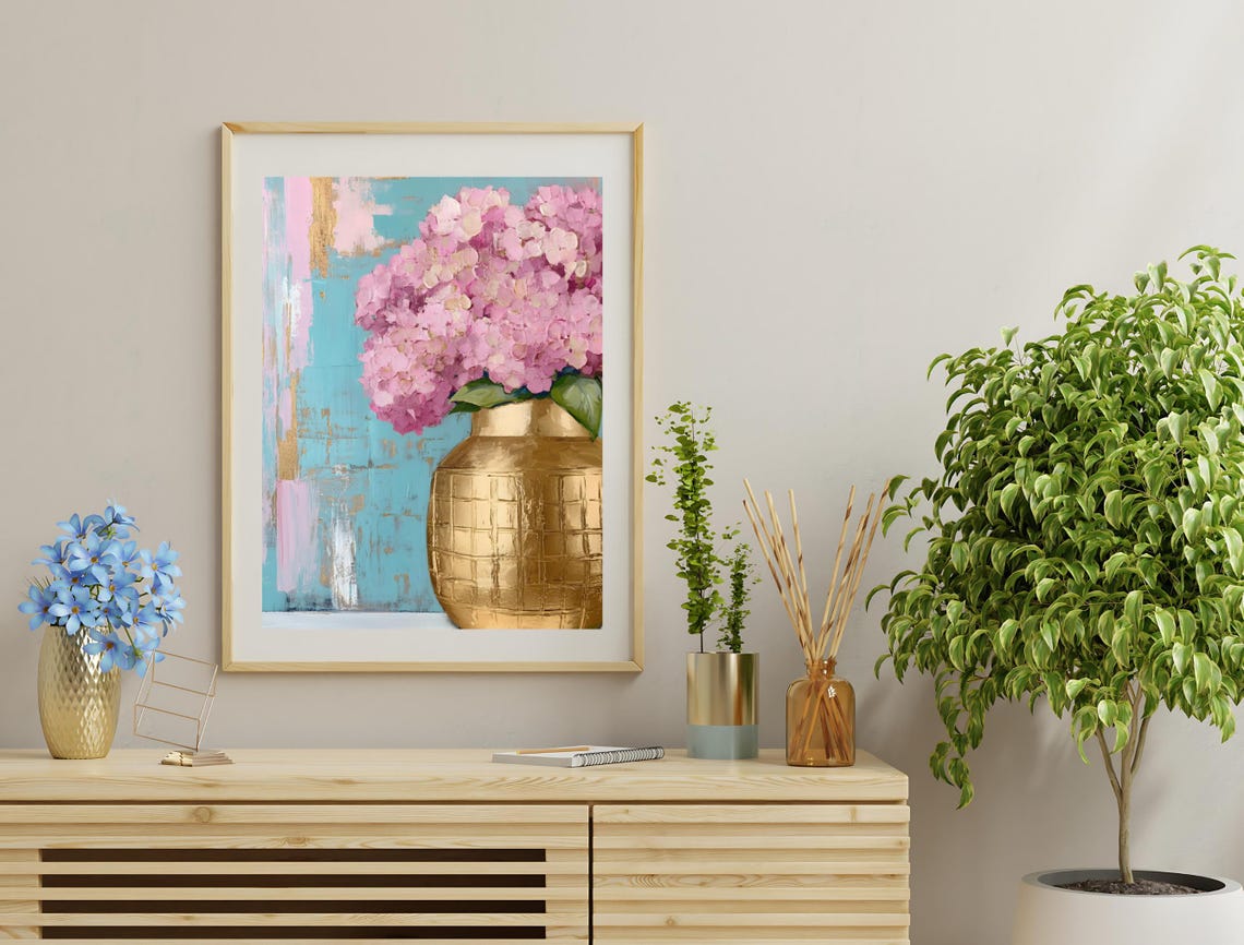 Pink Hydrangeas Gold Vase Turquoise Background Floral Wall Art Print - Image 3
