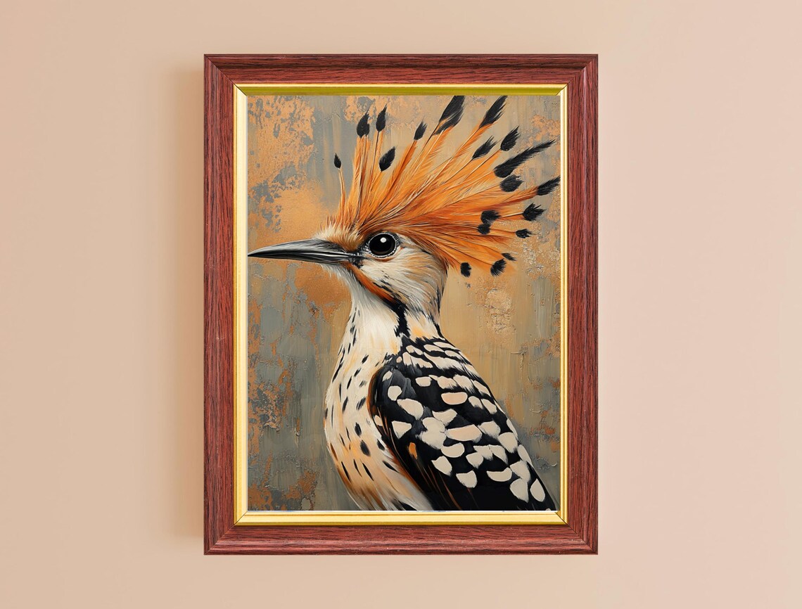 Hoopoe Bird Golden Crest Oil Painting Portrait Nature Wall Poster - Image 2