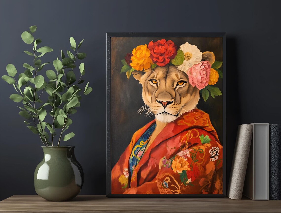 Lioness Red Kimono Robe Flower Crown Regal Portrait Art Poster - Image 6