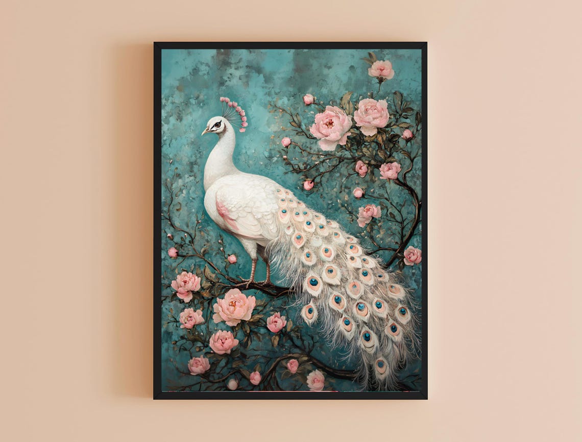White Peacock Among Pink Roses Teal Chinoiserie Style Wall Art Print - Image 4
