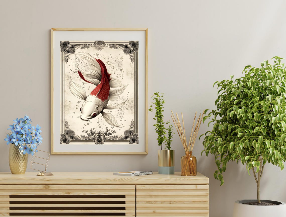 Elegant Red White Koi Fish Flowing Fins Vintage Engraved Art Print - Image 3