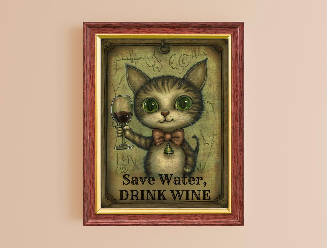 Save Water Drink Wine Funny Big Eyed Kitten Holding Wine Glass Wall Art - Image 2