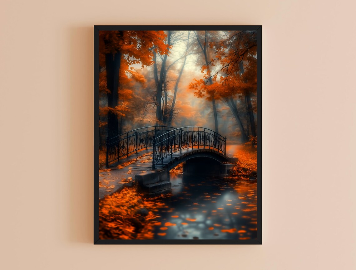 Misty Autumn Park Iron Bridge Falling Leaves Fall Landscape Art Poster