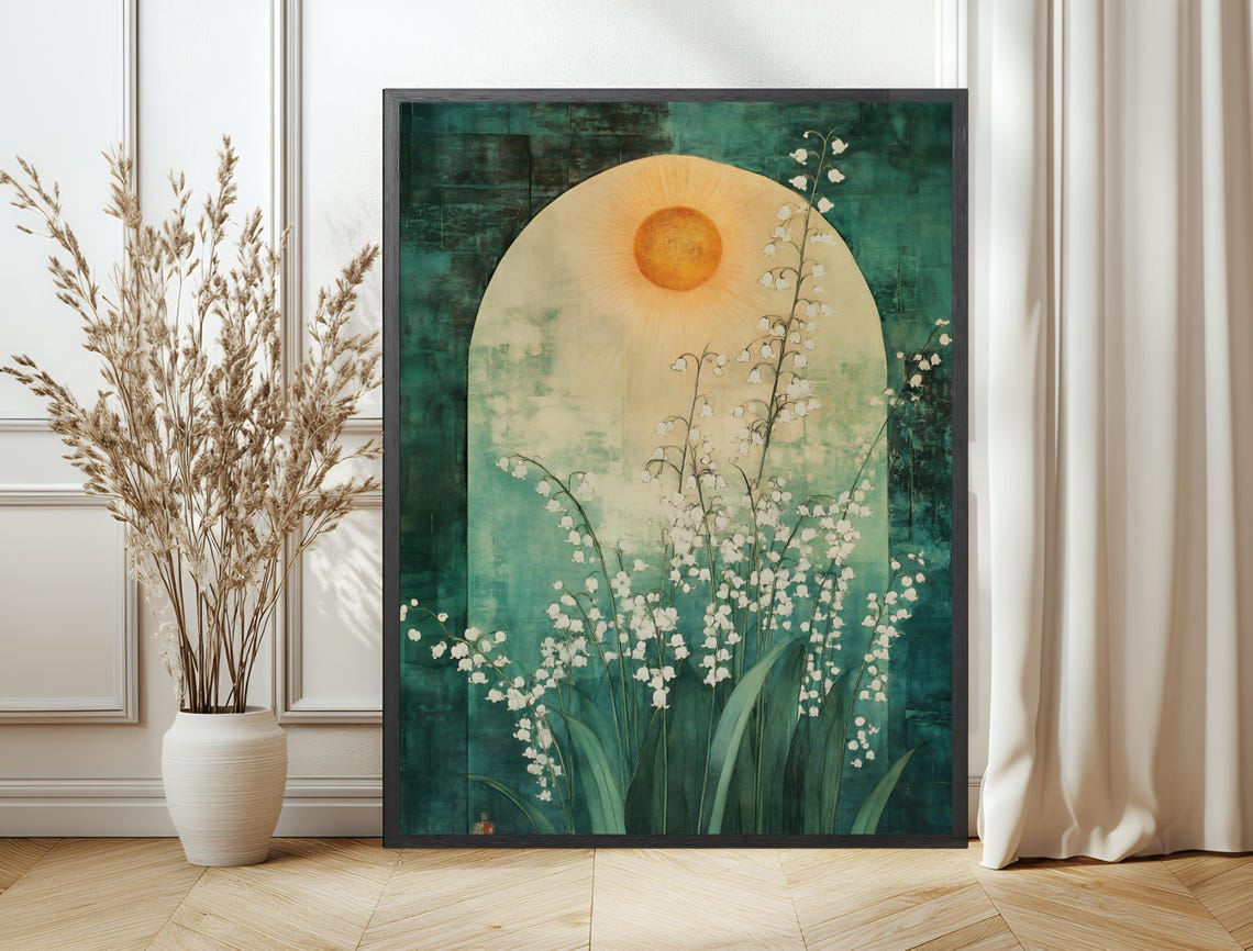 White Wildflowers Golden Sun Arch Teal Botanical Morning Poster - Image 6