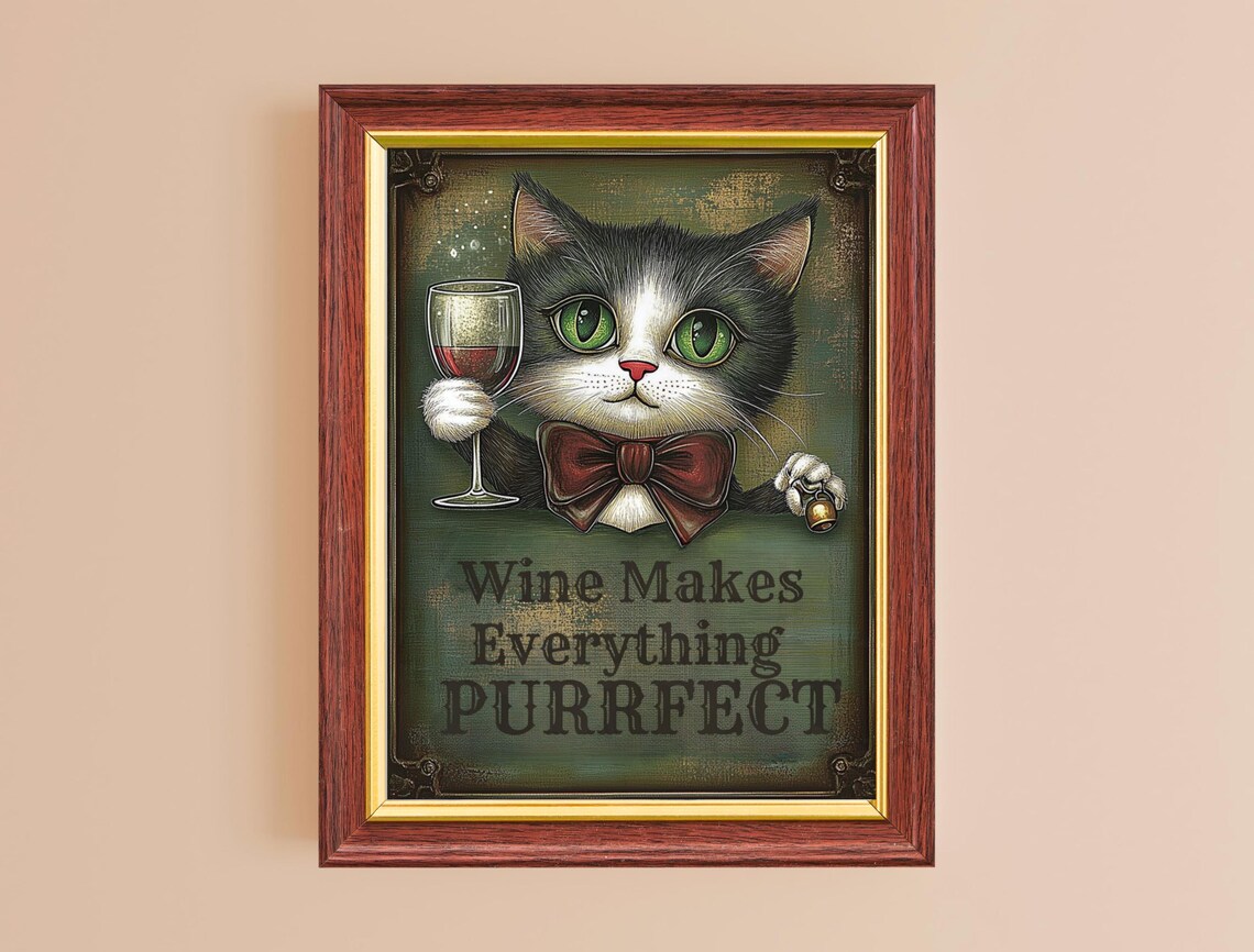 Funny Wine Cat Holding Glass Bow Tie Quote Vintage Animal Art Poster - Image 2