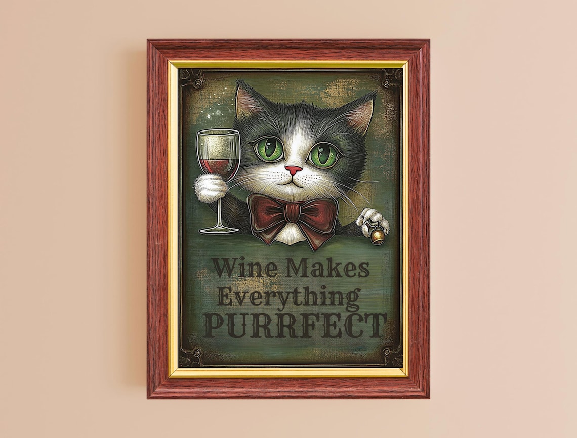 Wine Makes Everything Purrfect Tuxedo Cat Bow Tie Funny Wine Art Poster - Image 2