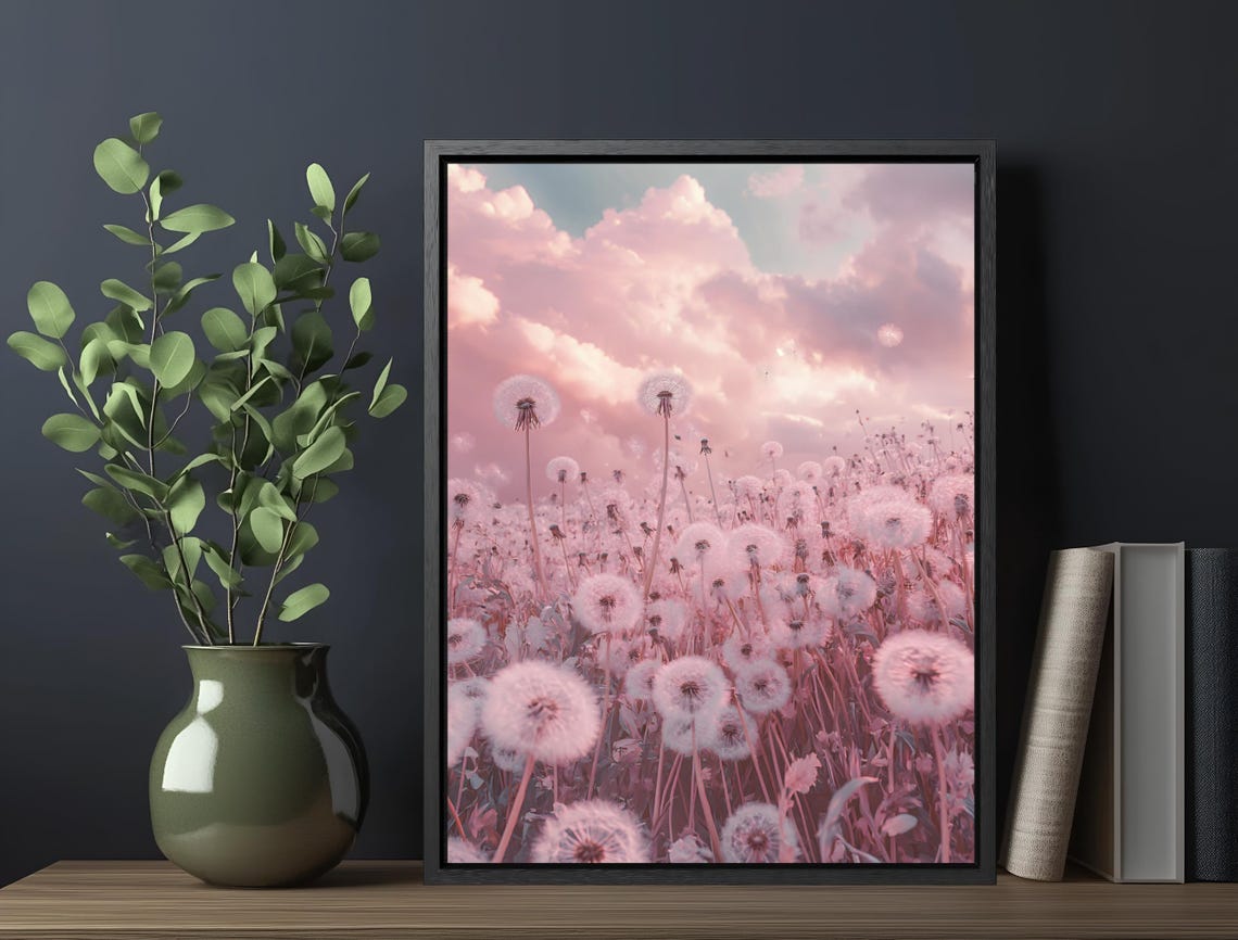 Pink Dandelion Seed Heads Field Dreamy Pastel Sky Botanical Art Poster - Image 6