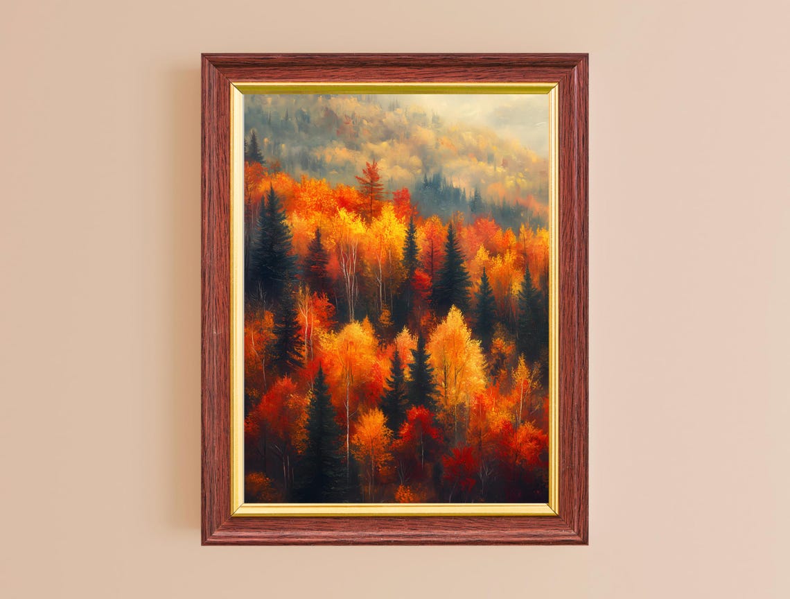 Autumn Forest Fiery Fall Foliage Misty Hills Landscape Art Poster