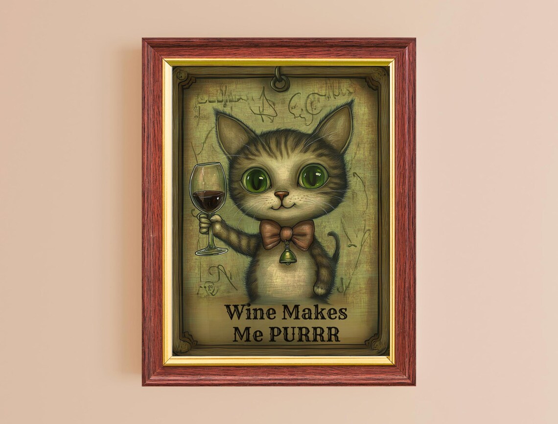 Wine Makes Me Purrr Tabby Kitten Wine Glass Funny Vintage Cat Art Poster - Image 2
