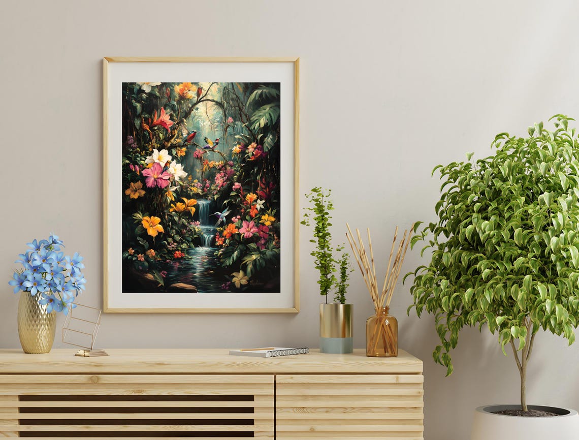 Lush Jungle Waterfall Hibiscus Hummingbirds Vibrant Tropical Art Print - Image 3