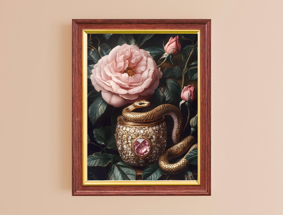 Golden Snake Jeweled Pot Pink Roses Moody Vintage Botanical Art Print - Image 2