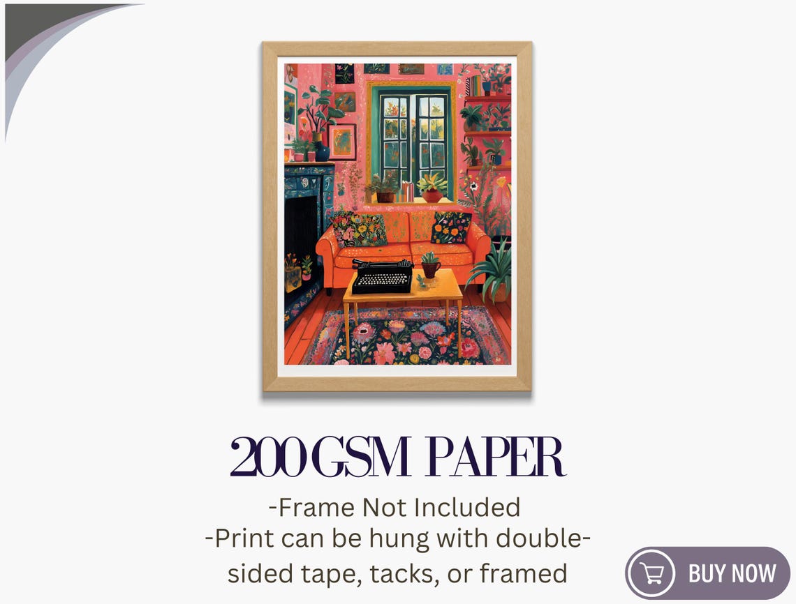 Matisse Inspired Maximalist Living Room Orange Sofa Plants Art Print - Image 5