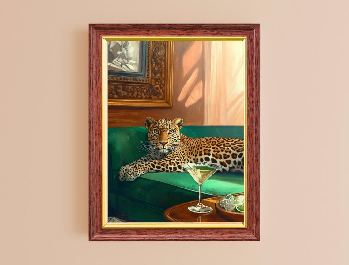 Funny Leopard Relaxing Emerald Sofa With Cocktail Bold Wall Art Poster - Image 2