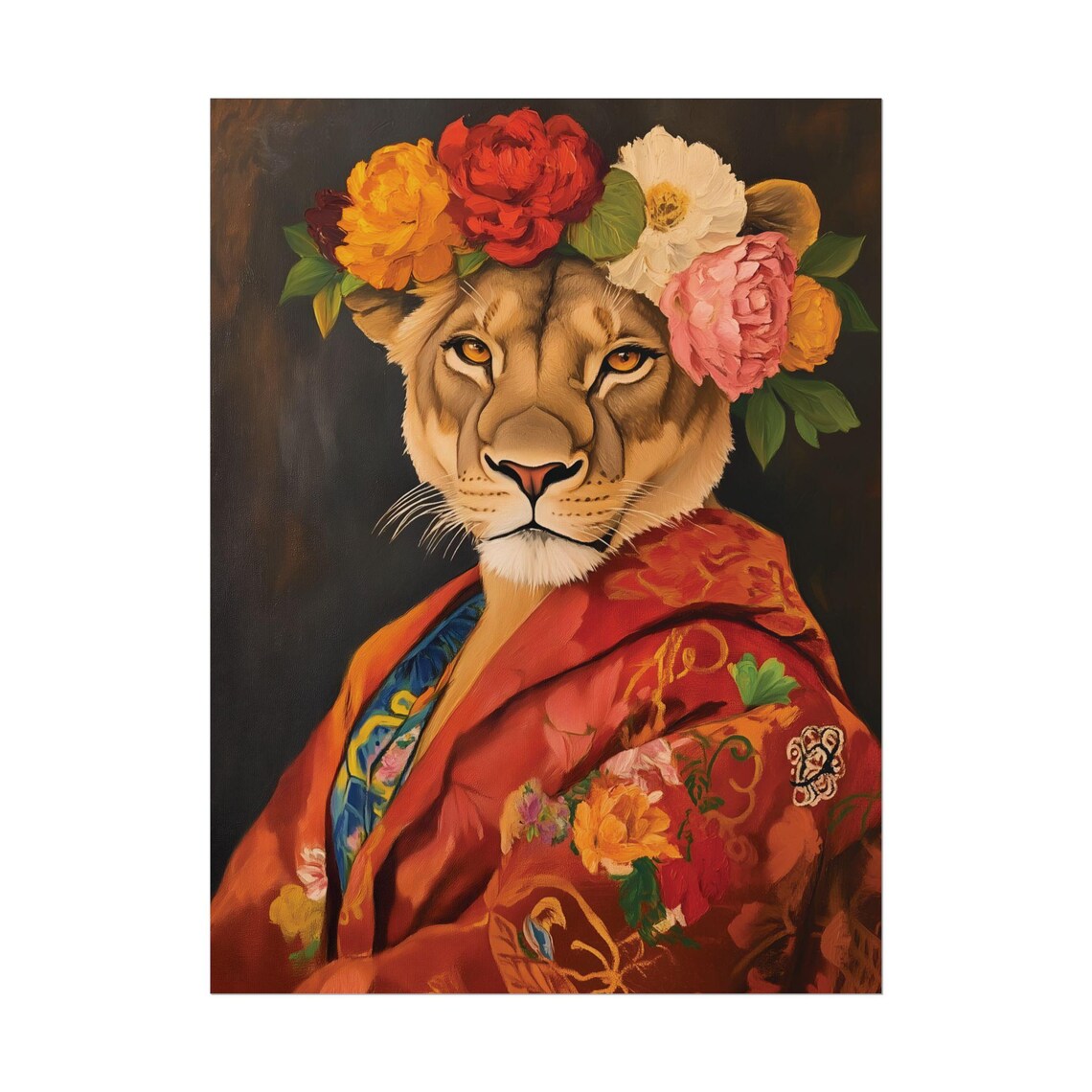 Lioness Red Kimono Robe Flower Crown Regal Portrait Art Poster - Image 2