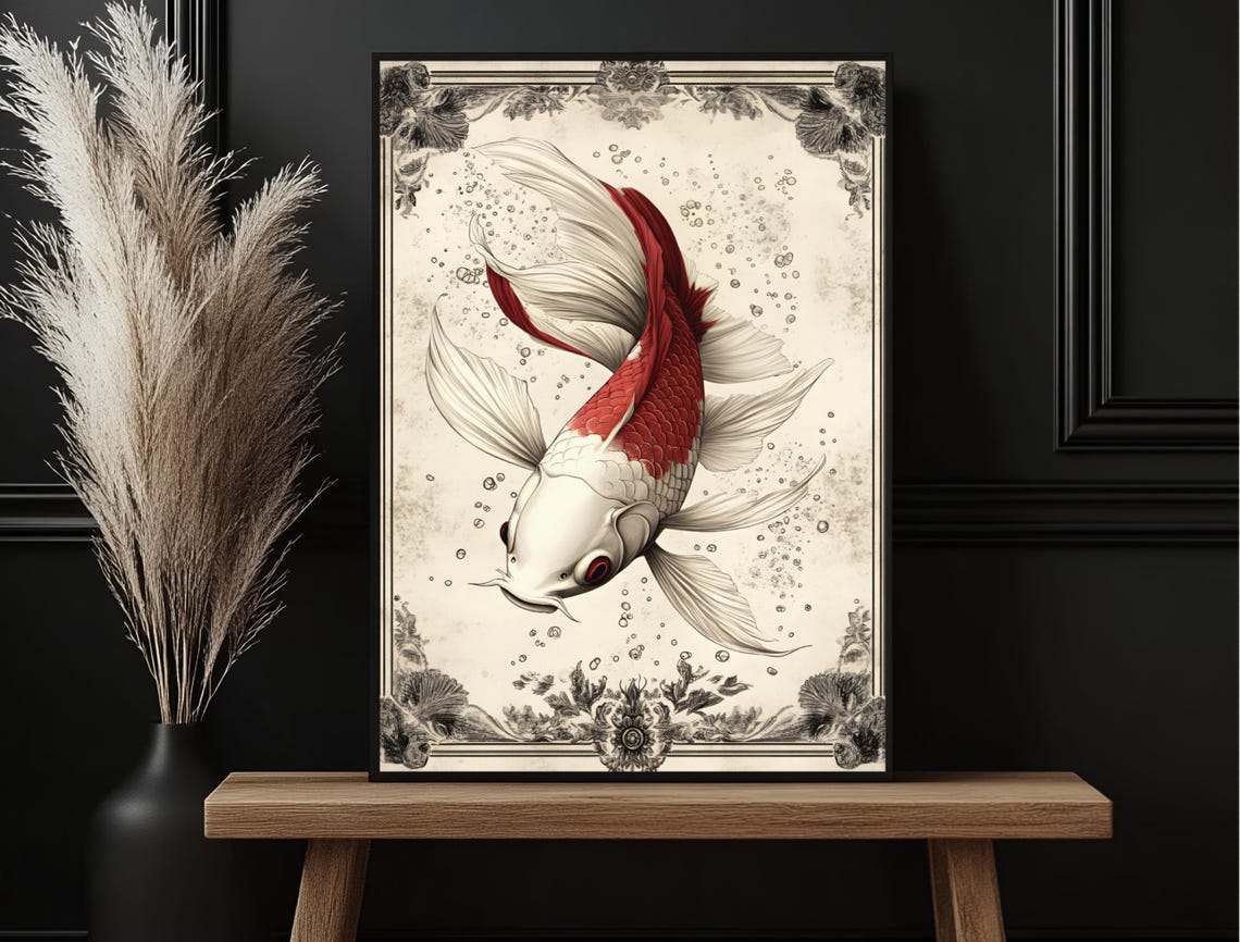 Graceful Red Koi Flowing Silk Fins Vintage Style Engraved Print