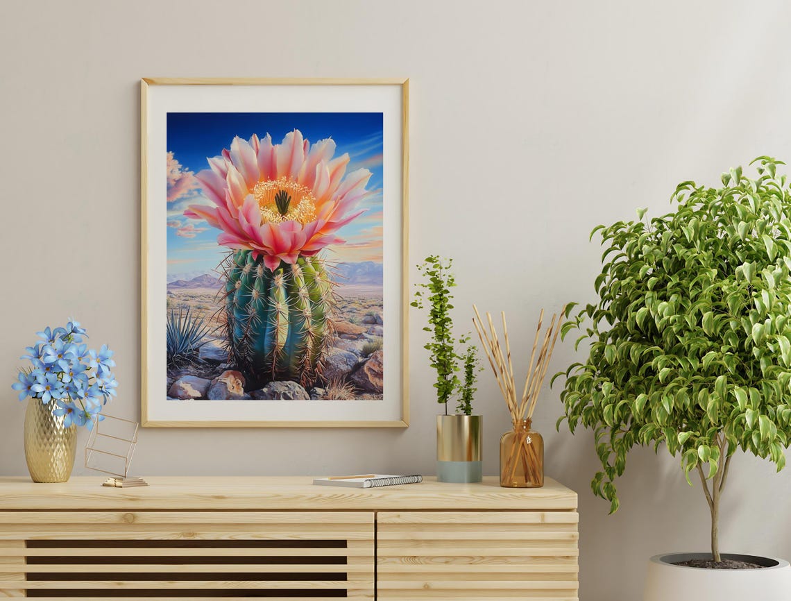 Pink Cactus Bloom Desert Sunrise Barrel Cactus Botanical Poster - Image 3